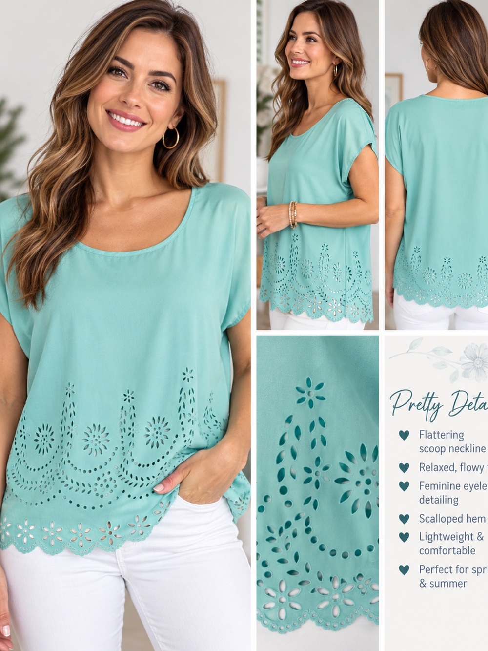 Forever 21 Teal Scoop Neck Eyelet Scalloped Hem Tunic,L